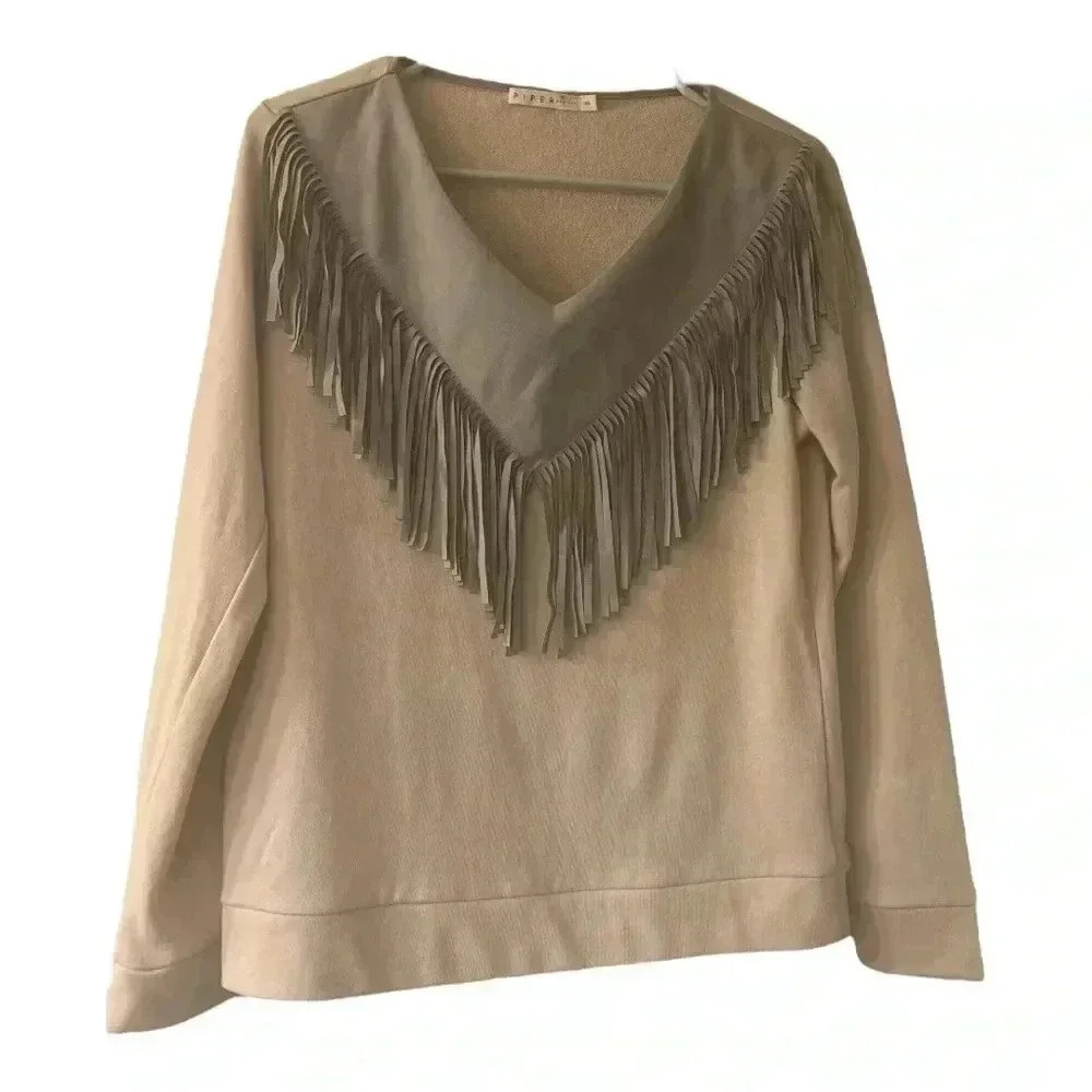 Piper Beige Fringe Western V-Neck Sweatshirt Size Small Festival, Cowgirl, Rodeo